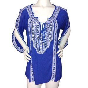 INC International Concepts Women's Royal blue, Embroidered/Mirrored Peasant Top